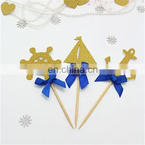 Sea Theme Gold Glitter Topper With Blue Bow Cake Decoration thumbnail-1