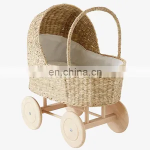 High Quality Rustic Seagrass Pram Basket Doll Stroller Trolley For Kids Wicker Shopping Basket Wholesale Supplier thumbnail-1