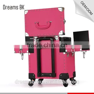 2016 Hot Selling Pink Color Functional Professional Trolley Case Makeup Box Cosmetic Display Case thumbnail-6