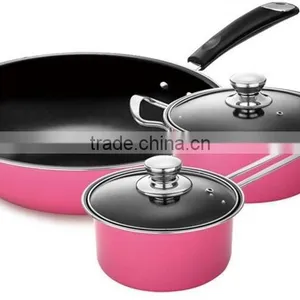 5pcs Pink Aluminum Non-stick Press Cookware Set Fry Egg Pizza Pan Stock Cooking Pasta Noodle Soup Pot Saucepan Cookware Set thumbnail-1