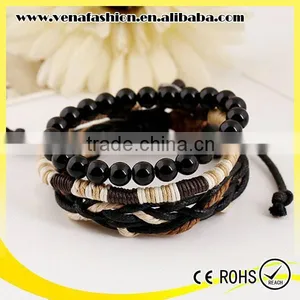 Wood Bead Custom Leather Braided Bracelet, Leather Beaded Wrap Bracelets Quality Choice thumbnail-1