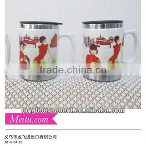 2014 Durable Double White Ceramic Cups Mug With Stainless Inside Yiwu China Wholesale thumbnail-1
