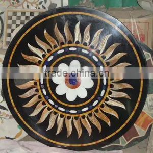 Black Marble Stone Inlaid Table Top Marble Inlay Coffee Table thumbnail-1