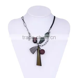 Geometric Wood Bead Rubber Strip Pendant Necklace Velvet Leather Tassel Necklace Chain Linked Suede Leather Necklace thumbnail-1