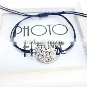 Antique Silver Hollow Tree of Life Charm Bracelet Customized Charm Wax Cord Bracelet Cheap Personalzied Bracelet for Promotion thumbnail-5