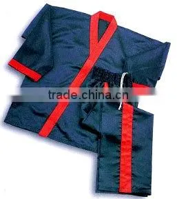 Kick Boxing Uniform Full Contact Uniform in Satin. In Medium Weight Satin, Jacket Belt on Trousers Red Strip . 8-cm Elas thumbnail-1
