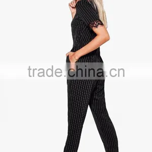 Ladies Custom African Print Jumpsuits 100% Polyester Pinstripe Belted Lace Trim Jumpsuits For Women thumbnail-3