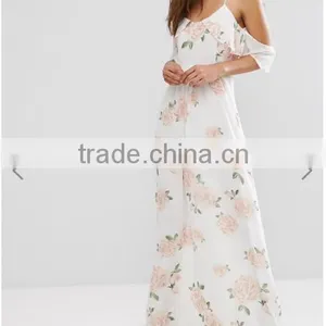 Guangzhou Wholesale Clothing OEM Cold Shoulder Rose Floral Fresh Dresses thumbnail-1