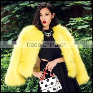 2015 High Fashion Young Ladies Short Styles Yellow Coats Faux Fox Fur Coat for Winter Stylish Overcoat thumbnail-1