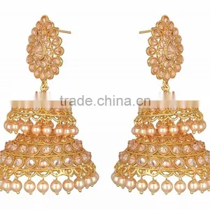 BIG Crystal Gold Tone DOUBLE JHUMKA DANGLER EARRINGS thumbnail-2