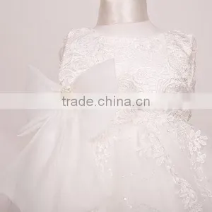 Modest Fashion Plain White Kids Fancy Girls With Bowknot Lace Dress thumbnail-3