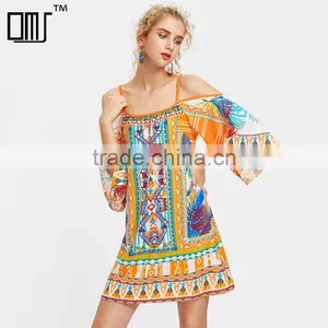 Print Kimono Sleeve Dress, Women Cold Shoulder Spaghetti Strap Dress thumbnail-1