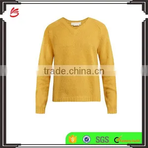 Mustard-yellow V Neck Pullover Winter Thick Sweater 12 GG Knitted thumbnail-1