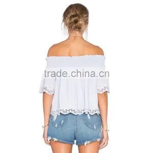 Ladies Pictures Down of Short Sleeve Casual Lace Blouse thumbnail-3