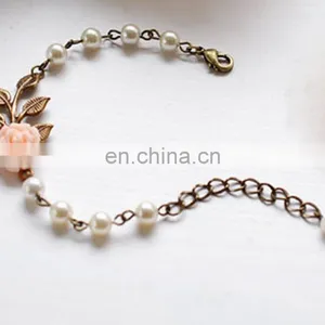 Peach Pink Flower Leaf Ivory Cream Pearls Bracelet Vintage Inspired Wedding Bridal Pearl Bracelet thumbnail-1