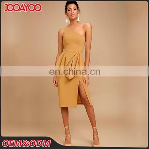 Fashion Tan One Shoulder Layered Ruffled Midi Dress Elegant Woman Dress thumbnail-2