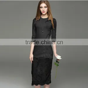2017 Hot New Lady Hollow Knit Dress Half Sleeve Slim Hip Long Lace Dress With Lace Hem thumbnail-5