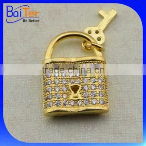 Custom White Gold Plated Cubic Zirconia CZ 925 Sterling Silver Lock Pendant Necklace Pendant thumbnail-3