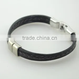 Factory Men Bangle Metal Black Leather Rope Bracelet thumbnail-2