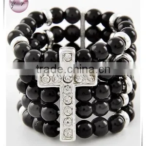 Silver Tone Black Acrylic Clear Rhinestone Cross Stretch Ring thumbnail-1