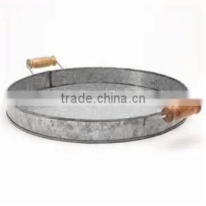 Wooden Handle Round Metal Serving Tray Beer Holder thumbnail-1