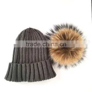Myfur Dark Gray Wool Knitting Hat Couple Cap With Raccoon Fur Pompom thumbnail-3