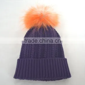 Myfur Popular New Cable Woolen Knitted Hat With Raccoon Pom Pom Top thumbnail-5