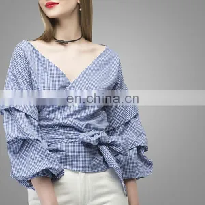 2017 Fashion Design Puff Sleeve Wrapped Top Deeper V Neck Ruched Sleeve Wrap Blouses In Blue thumbnail-2