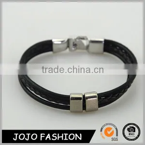 Factory Men Bangle Metal Black Leather Rope Bracelet thumbnail-1