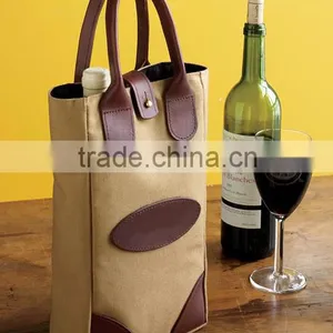 Canvas Wine Bottle Bag With Leather Trim Carrier thumbnail-1