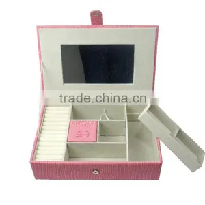 Pink Faux Leather Travel Jewelry Box Organizer Display Storage Case for Rings Earrings Necklace With Mirror thumbnail-1