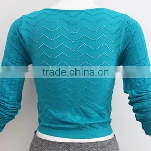 V-neck Ladies Seamless Long Sleeve Shirt With Hollow Out Wave Style Hole thumbnail-3
