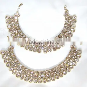 Gold CRYSTAL Payal ANKLETS Pair Feet Bracelet BRIDAL thumbnail-2