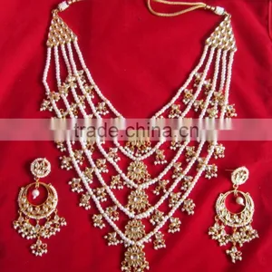 5 Line Bridal KUNDAN Designer Pearl GOLD PLATED Necklace DANGLER EARRING Set thumbnail-2