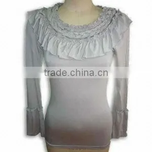 Fashionable Design Ladies T-Shirt With Long Sleeve, Made of 95% Rayon and 5% PU thumbnail-1