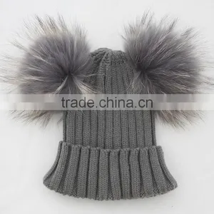 Myfur Dark Grey Wool Knitting Hat With Detachable Raccoon Fur Pom Poms thumbnail-1