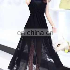 Flowery Lace Stitching Chiffon Sleeveless Long Dress Black White thumbnail-1