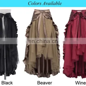 Belle Poque Steampunk Retro Victorian Punk Cincher Wine Red Lace up Long Ruffle Open Pencil Skirt BP000206-3 thumbnail-6