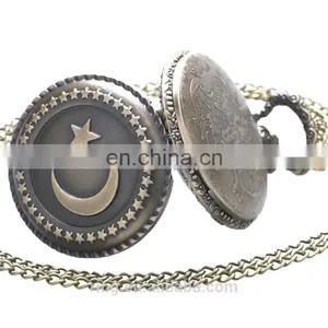Vintage Fashion Ladies Stars Moon Flip Pocket Watch Necklace Chain Watch thumbnail-4