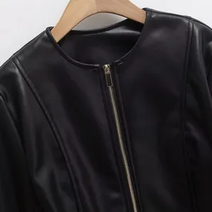 European and American Personalized Women's Clothing Spring New Style Short Skirt Hem Imitation Leather Jacket Jacket Versatile thumbnail-3