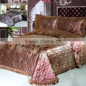 3 Pcs Gorgeous Jaquard Flower Quilt Bed Set In Gold Coffee Color thumbnail-1