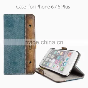 Genuine Leather & Denim Jean Flip Cell Phone Case/Booklet With Card Slots for IPhone 6/6plus for Lady/female Quality Choice thumbnail-1