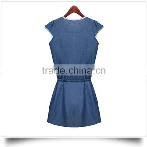 2015 Casual Women Newest Denim Dress High Qality Sleeveless Ladies Fashion Denim Dress With Flower thumbnail-3