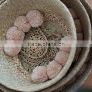 Blush Color Pompom Vietnam Folding Seagrass Basket, Natural Color thumbnail-4