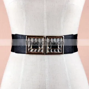 Wholesale Rhinestone Paved Square Pattern Alloy Buckle Sex Women Lady Wide PU Waist Belt thumbnail-1
