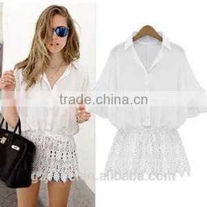 2015 Womens Tops Fashion Sexy Lace Hem Stitching Loose Bat Sleeve Chiffon Blouse Long Sleeve Casual Leisure Shirt thumbnail-2
