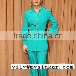 Green Lapel High Empire Waistband Long Sleeve One Covered Button Long Trousers Women Dancerwear Sets thumbnail-2