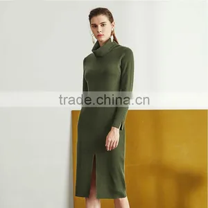 2017 Fashion Style Women Green Color Sweater Dress Turtleneck Side Vent Sweater thumbnail-1