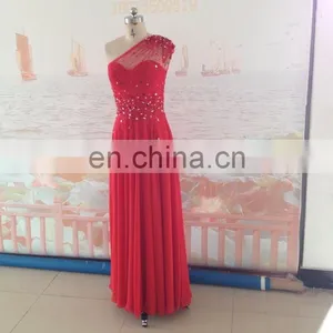 2014 New Arrival Fashion One-Shoulder Chiffon Beads Sparkle Red Long Evening Dresses thumbnail-1