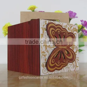Gold Blue Bengali Wooden Butterfly Wedding Invitation Card thumbnail-5